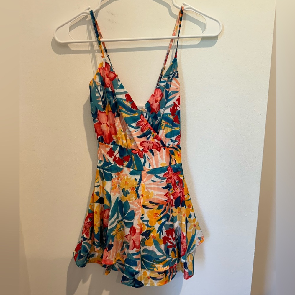 Floral Print Spaghetti Strap Romper in Teal & Yellow